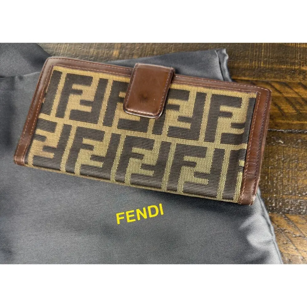 Authentic Fendi Zucca Canvas Long Wallet Brown Leather Bi-Fold with Dust Bag